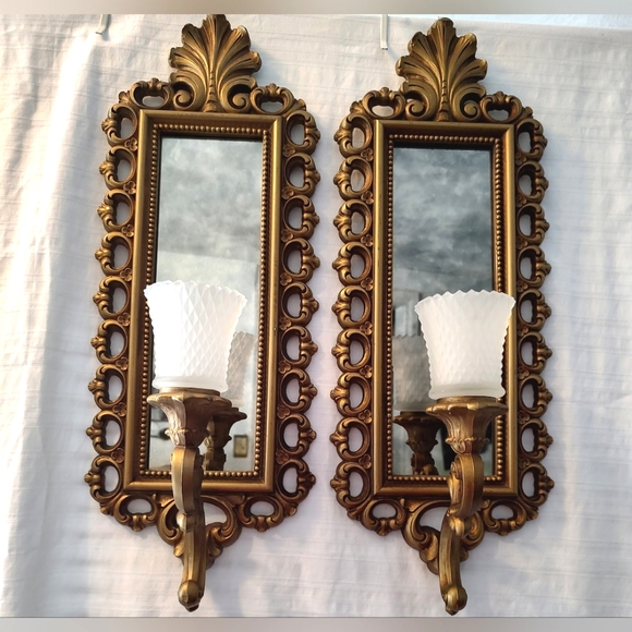 Homco Dart 1972 ornate smokey gray mirrored wall candleholders - Picture 1 of 14